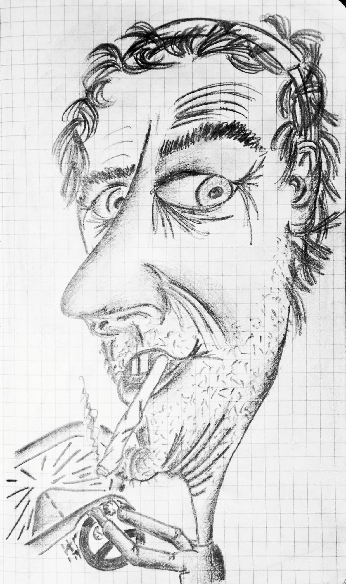 A wild-eyed man, drawn in ink