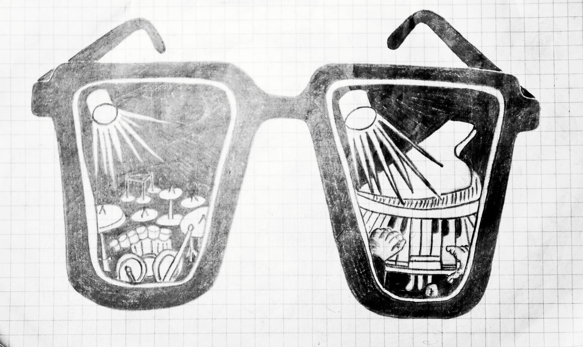 Two lenses of sunglasses, each holding a scene