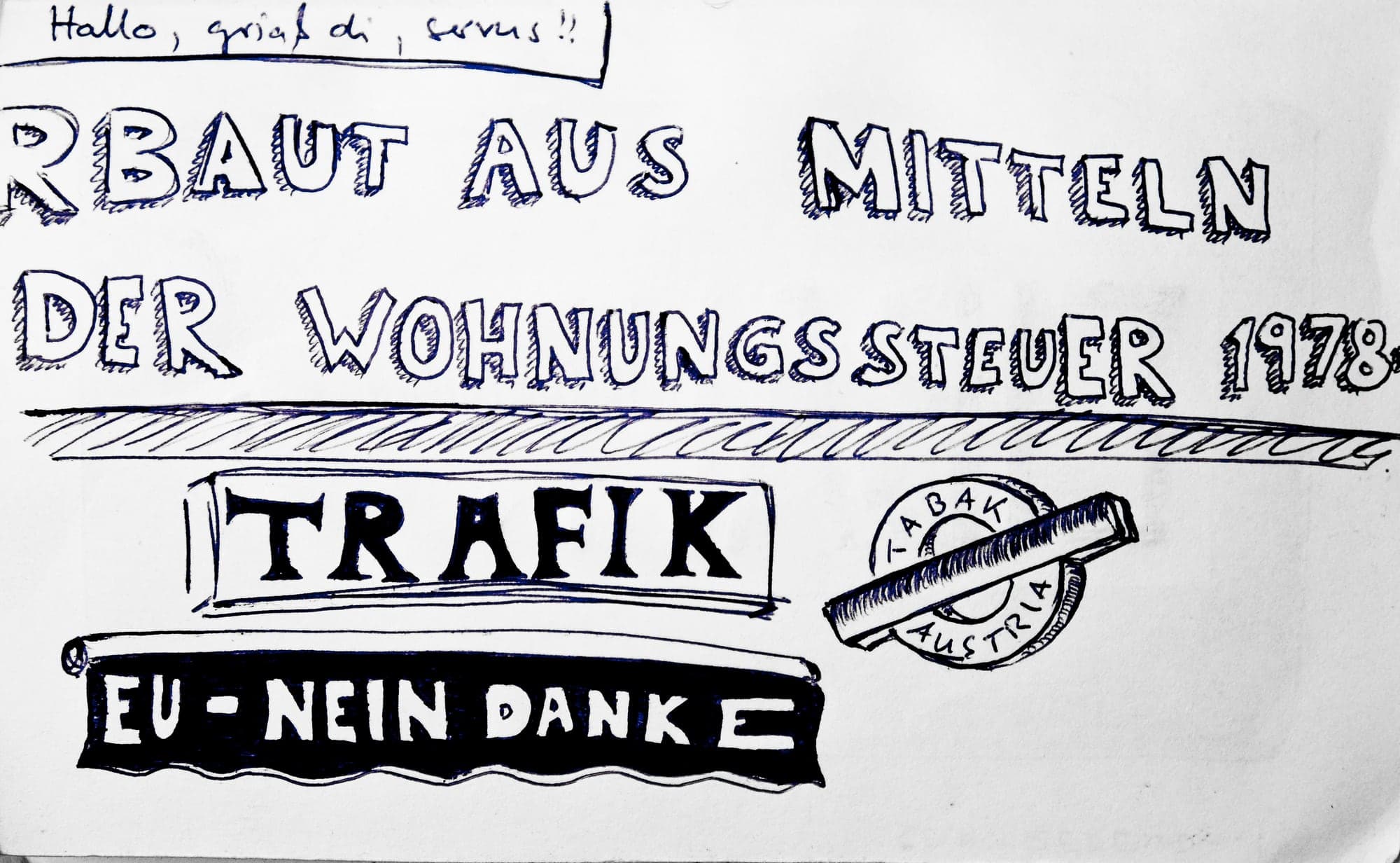 A page of lettering and signs in ink