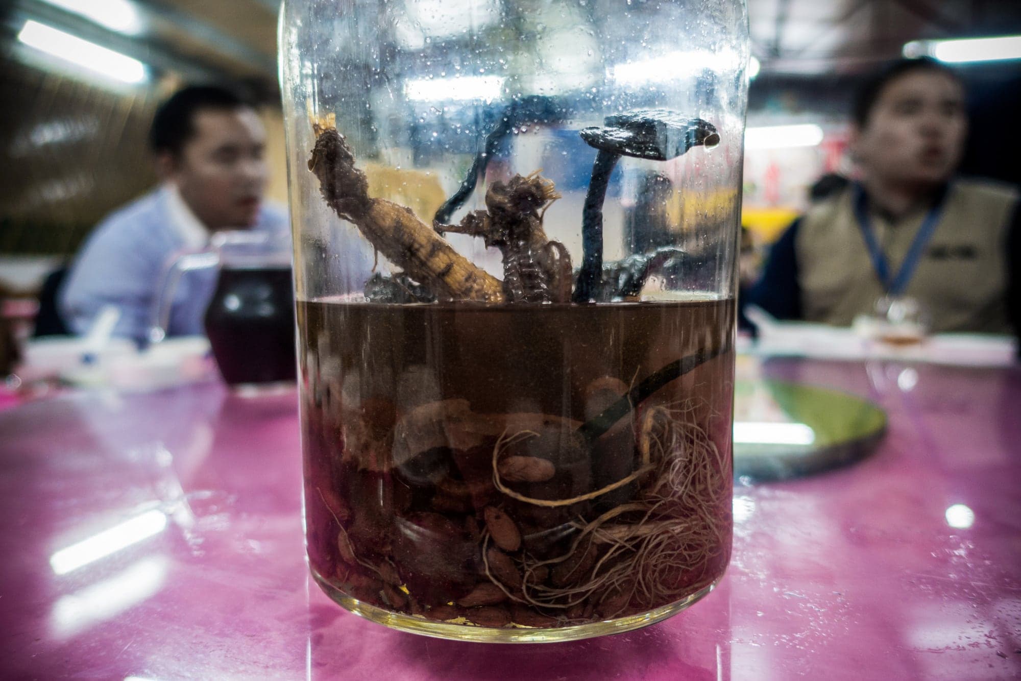 A jar of snake wine on a table