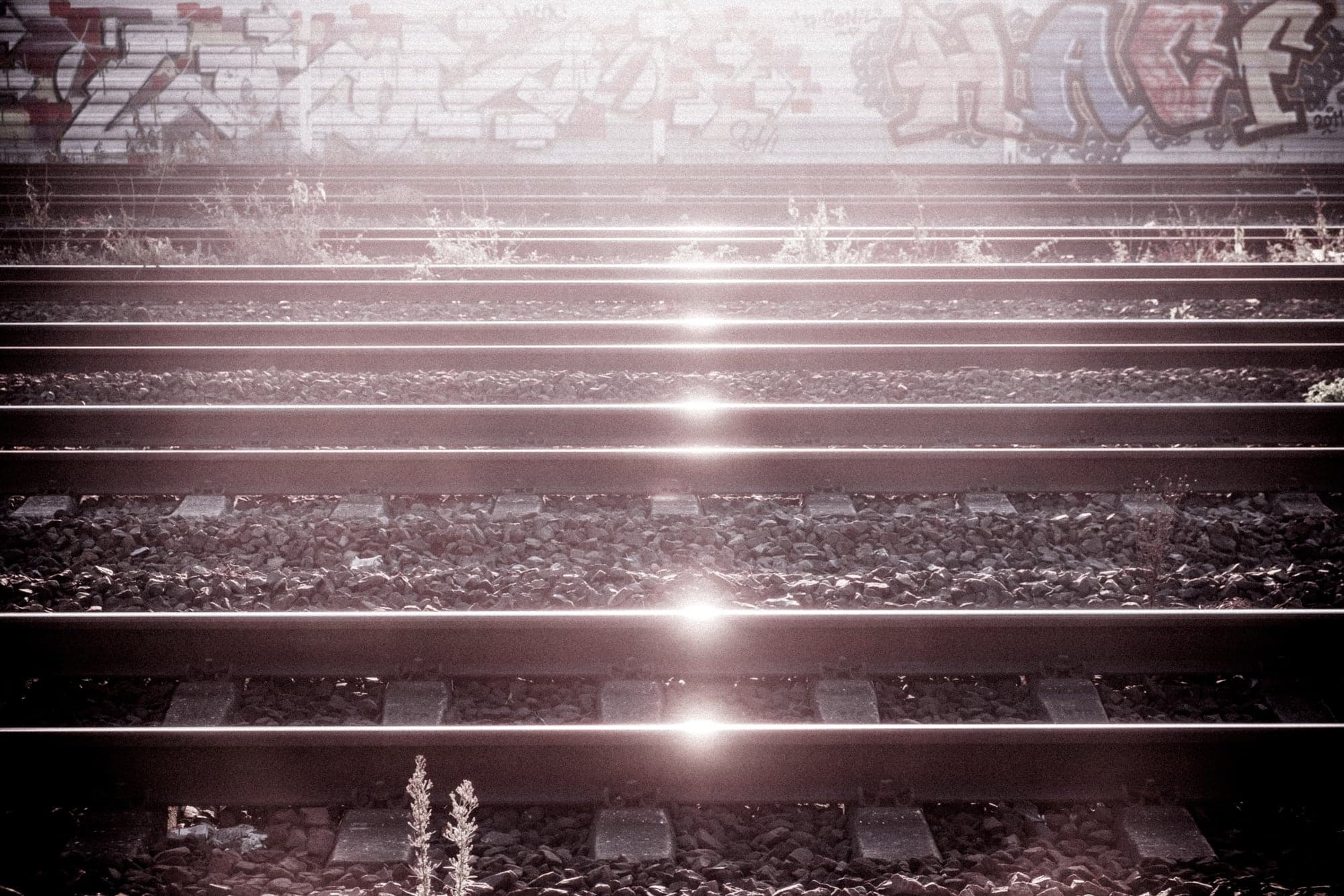 Train tracks glinting at night