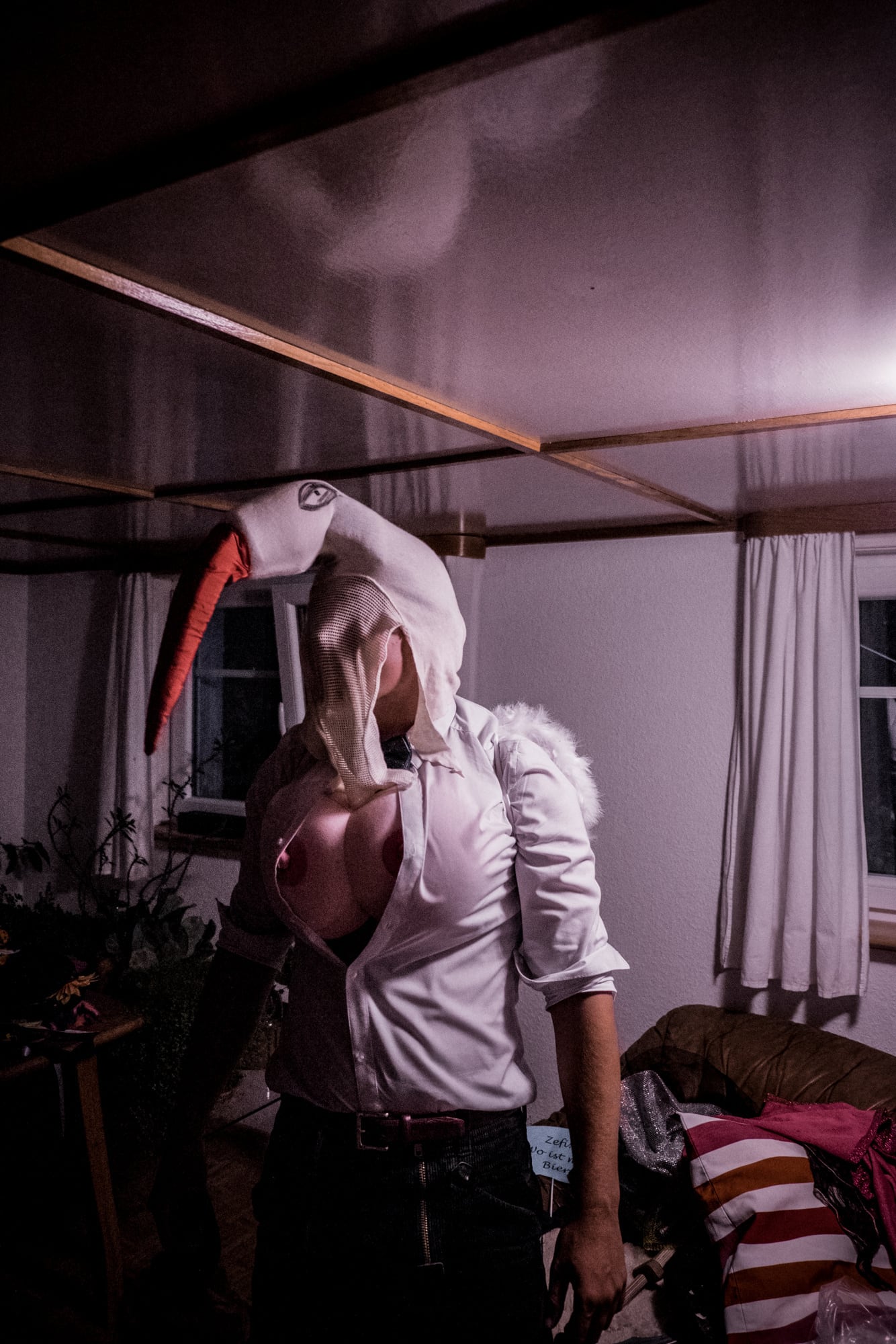 Eine kostümierte Gestalt, drinnen
