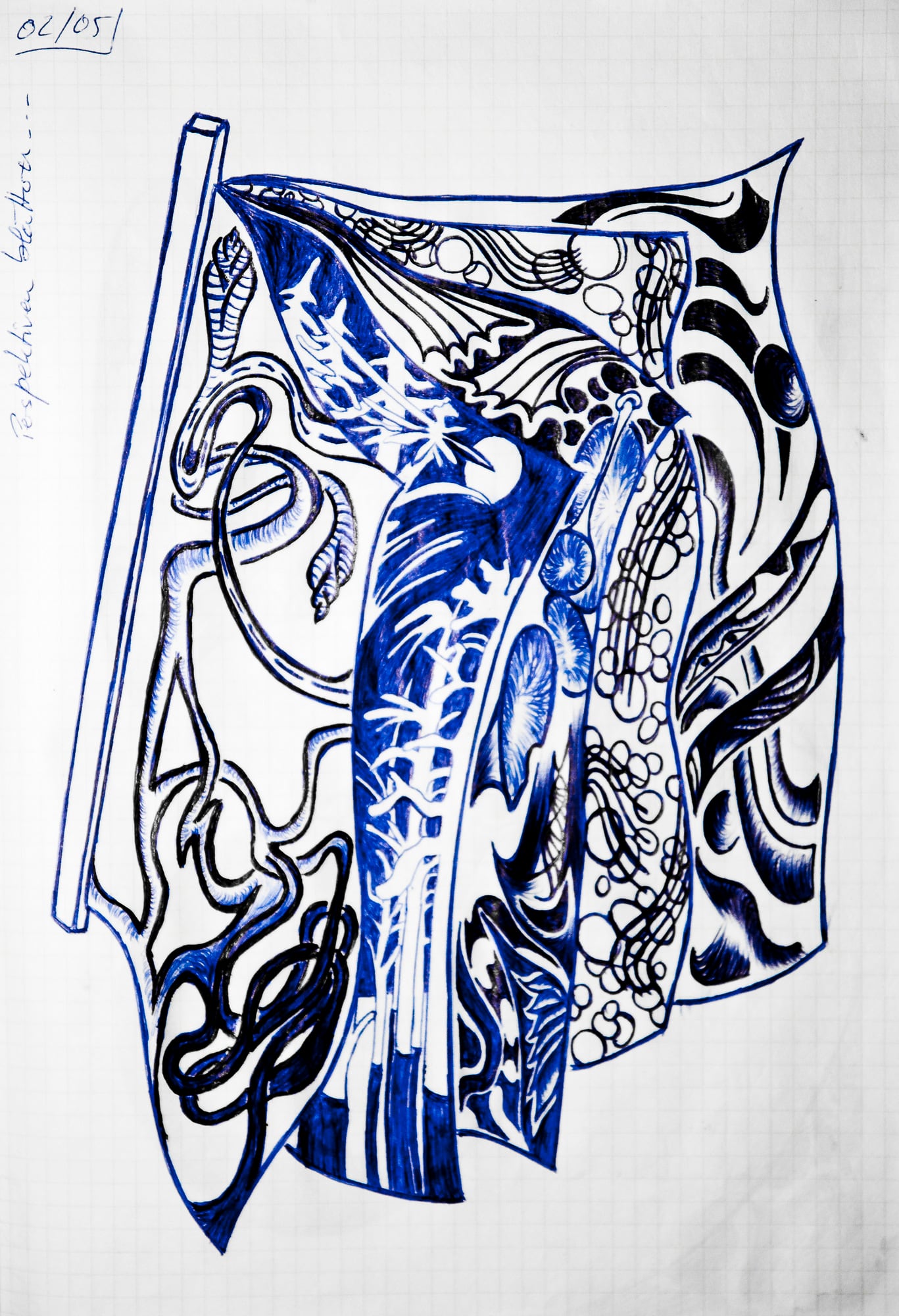 Eine verzierte Figur, in Blau gezeichnet