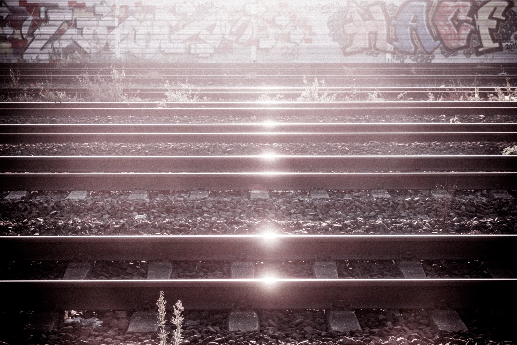 Bahngleise, die nachts glänzen